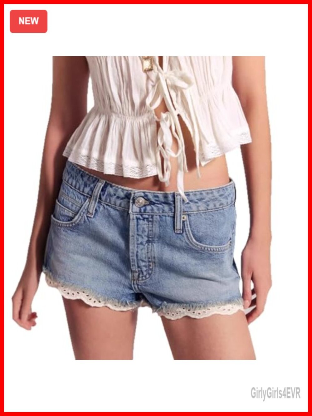 Low Rise Denim Jean Shorts with Lace Trim Frayed Hem 5-Pocket Casual Summer